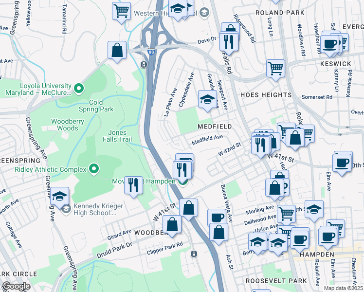 map of restaurants, bars, coffee shops, grocery stores, and more near 4200 La Plata Avenue in Baltimore