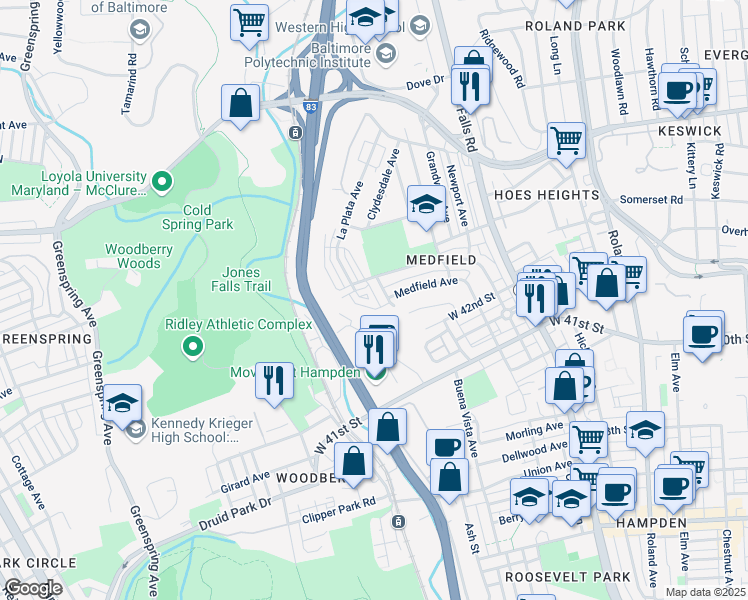 map of restaurants, bars, coffee shops, grocery stores, and more near 4200 La Plata Avenue in Baltimore