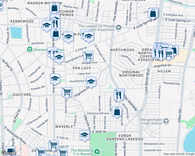 map of restaurants, bars, coffee shops, grocery stores, and more near 918 Argonne Drive in Baltimore