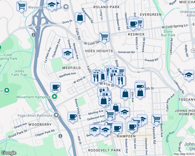 map of restaurants, bars, coffee shops, grocery stores, and more near 1118 Weldon Avenue in Baltimore
