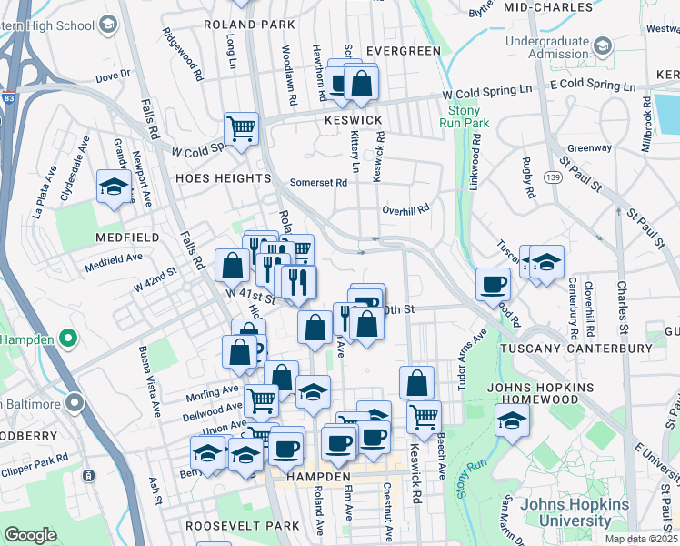map of restaurants, bars, coffee shops, grocery stores, and more near 830 West 40th Street in Baltimore