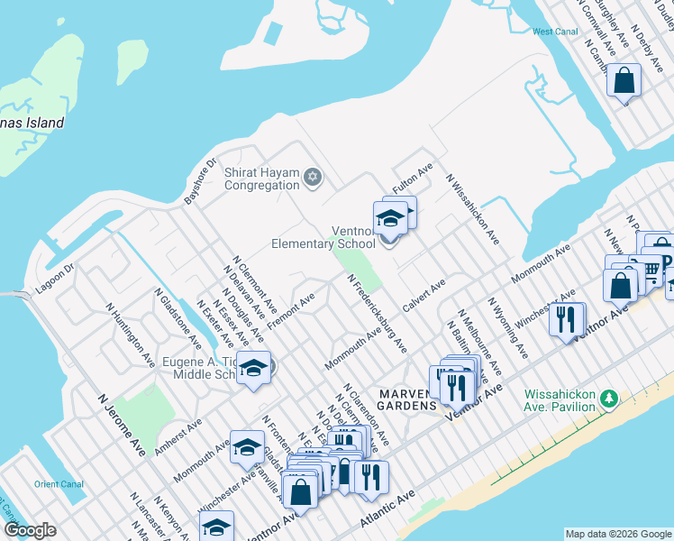 map of restaurants, bars, coffee shops, grocery stores, and more near 400 North Fredricksburg Avenue in Margate City