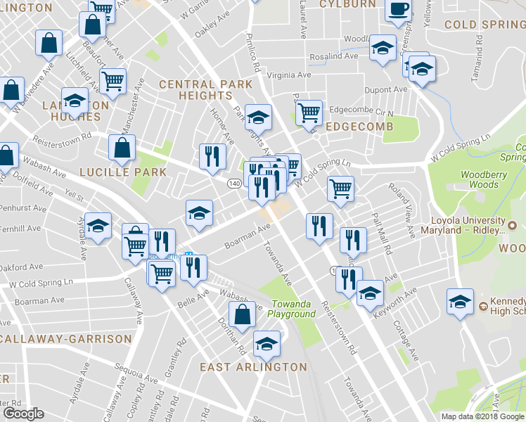 map of restaurants, bars, coffee shops, grocery stores, and more near 4340 Reisterstown Rd in Baltimore