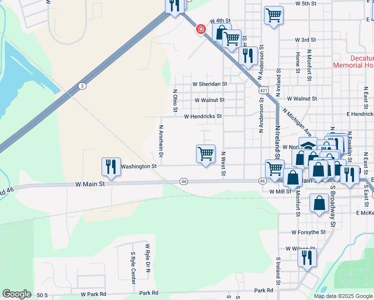 map of restaurants, bars, coffee shops, grocery stores, and more near 808 West Washington Street in Greensburg