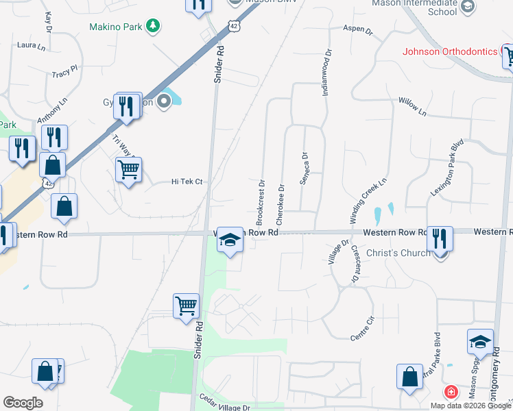 map of restaurants, bars, coffee shops, grocery stores, and more near 1029 Brookcrest Drive in Mason