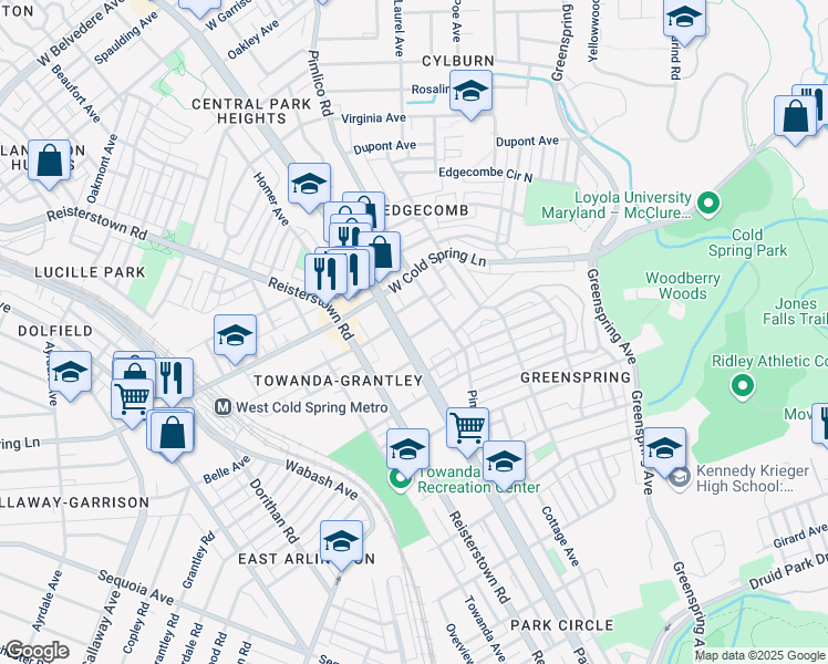 map of restaurants, bars, coffee shops, grocery stores, and more near 4301 Park Heights Avenue in Baltimore