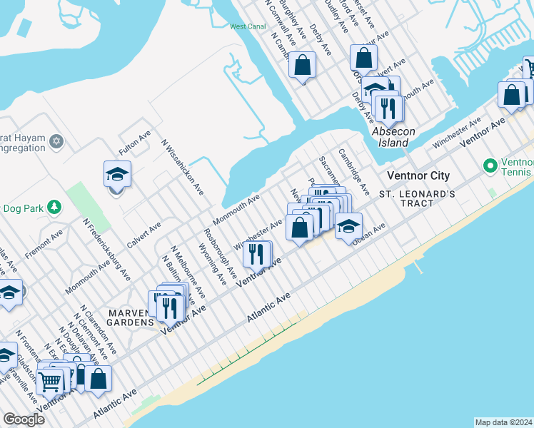map of restaurants, bars, coffee shops, grocery stores, and more near 123 North Troy Avenue in Ventnor City
