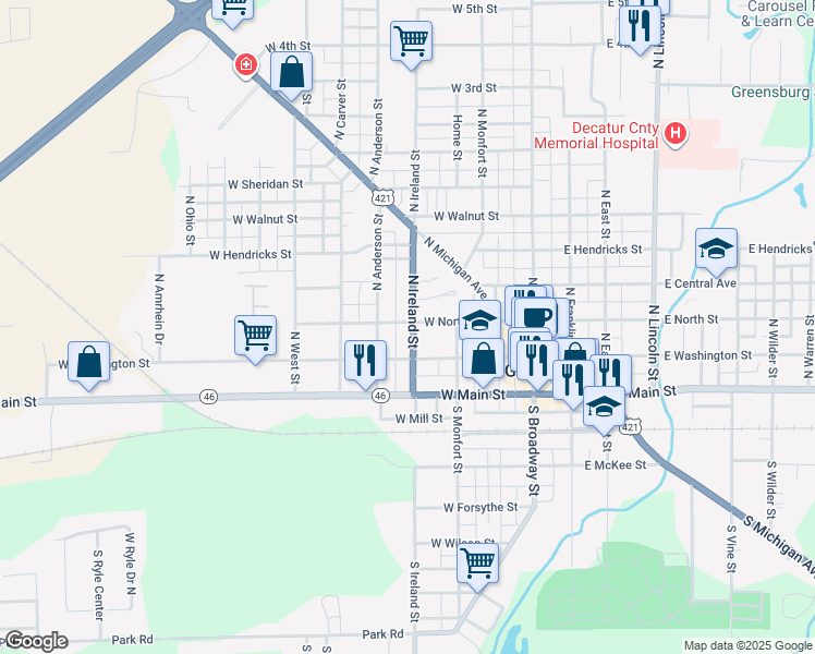 map of restaurants, bars, coffee shops, grocery stores, and more near 412 West North Street in Greensburg