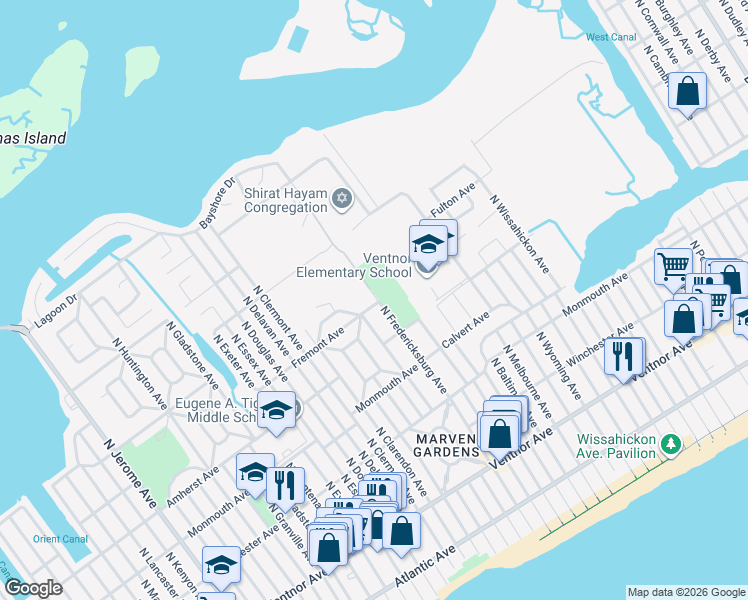 map of restaurants, bars, coffee shops, grocery stores, and more near 400 North Fredricksburg Avenue in Margate City