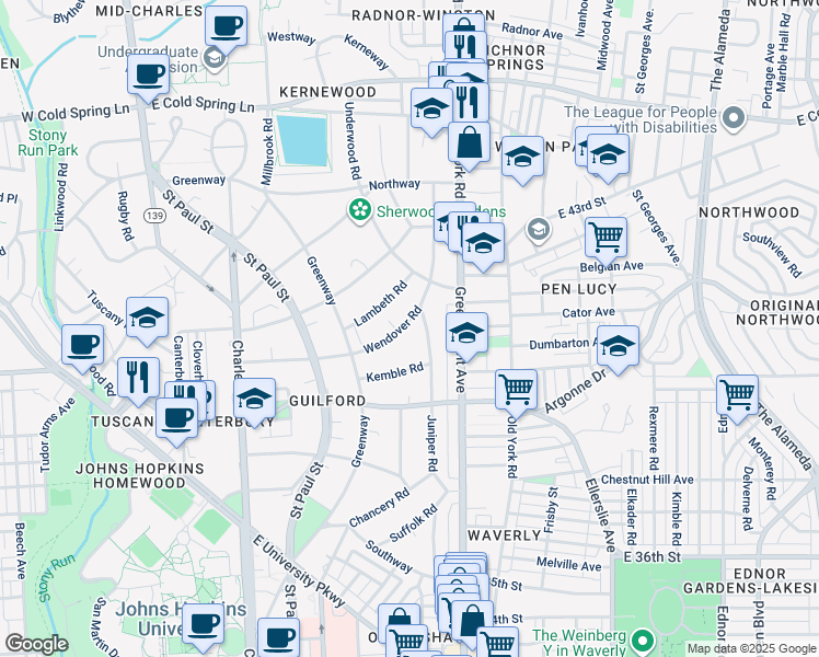 map of restaurants, bars, coffee shops, grocery stores, and more near 217 Wendover Road in Baltimore