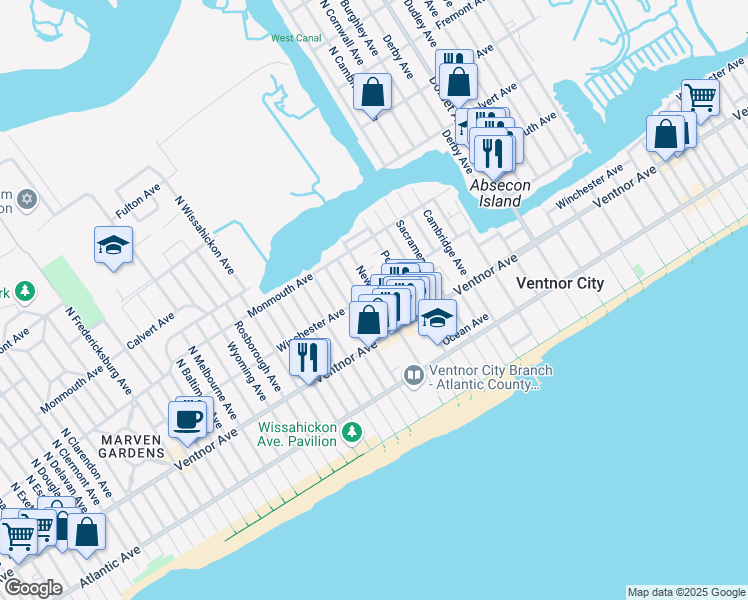 map of restaurants, bars, coffee shops, grocery stores, and more near 6416 Winchester Avenue in Ventnor City