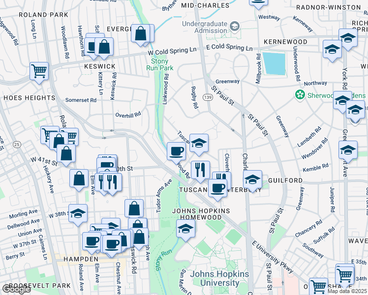 map of restaurants, bars, coffee shops, grocery stores, and more near 230 Stony Run Lane in Baltimore