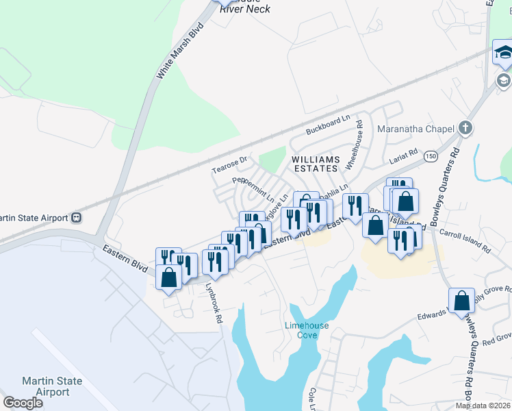 map of restaurants, bars, coffee shops, grocery stores, and more near 3208 Honeysuckle Lane in Middle River