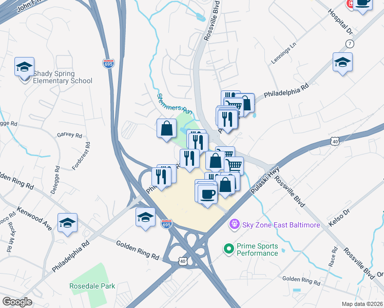 map of restaurants, bars, coffee shops, grocery stores, and more near Philadelphia Rd & Fontana Ln in Rossville