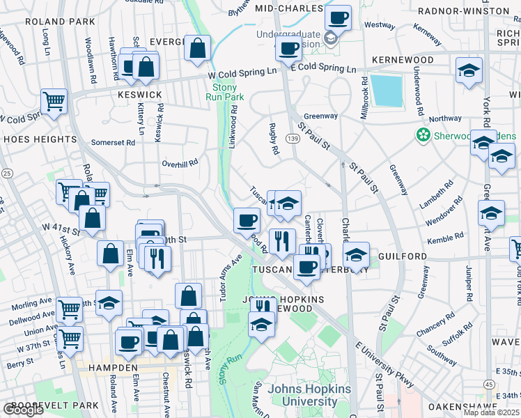 map of restaurants, bars, coffee shops, grocery stores, and more near 230 Stony Run Lane in Baltimore
