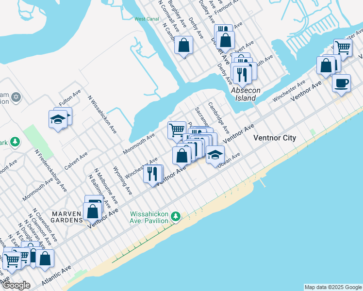 map of restaurants, bars, coffee shops, grocery stores, and more near 6416 Winchester Avenue in Ventnor City