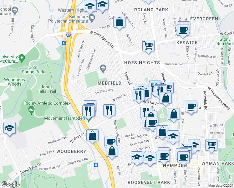 map of restaurants, bars, coffee shops, grocery stores, and more near 4210 Edgehill Avenue in Baltimore