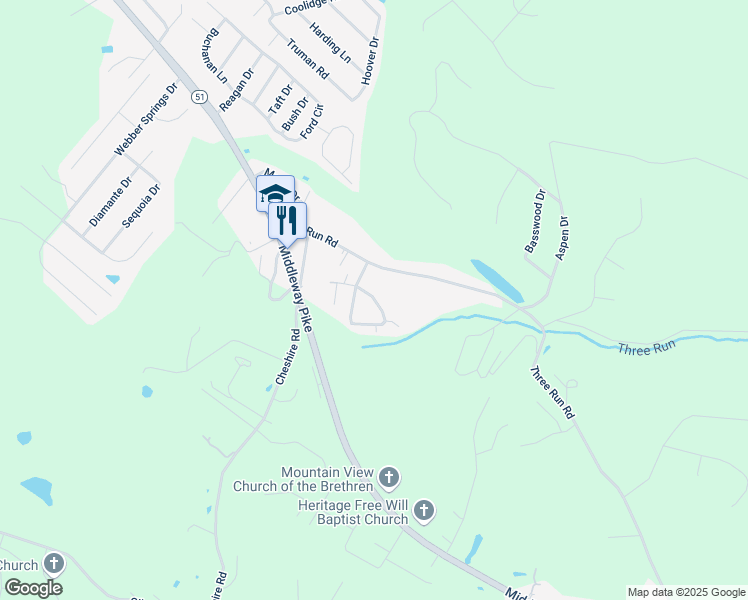 map of restaurants, bars, coffee shops, grocery stores, and more near 296 Mockingbird Circle in Bunker Hill