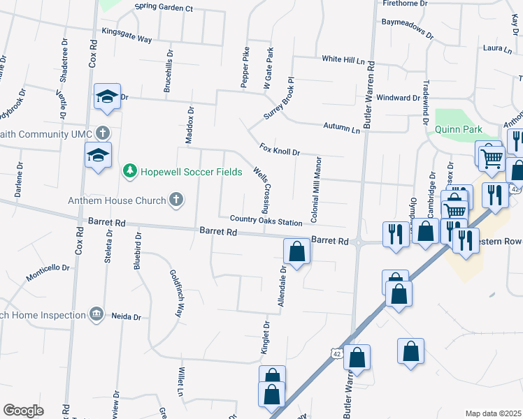 map of restaurants, bars, coffee shops, grocery stores, and more near 8249 Wells Crossing in Butler County