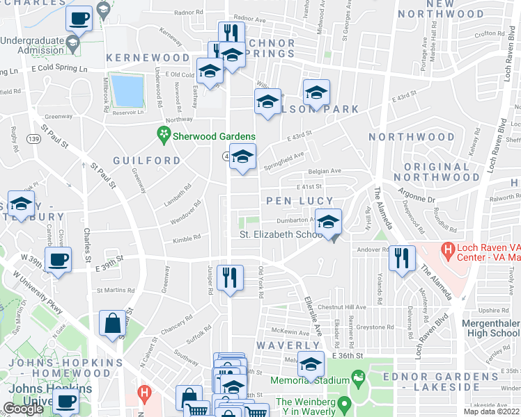 map of restaurants, bars, coffee shops, grocery stores, and more near Old York Road & Rose Hill Terrace in Baltimore