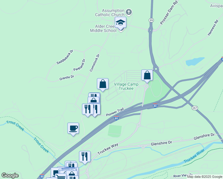 map of restaurants, bars, coffee shops, grocery stores, and more near 10100 Pioneer Trail in Truckee