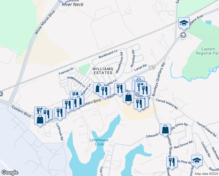 map of restaurants, bars, coffee shops, grocery stores, and more near 118 Day Coach Circle in Middle River