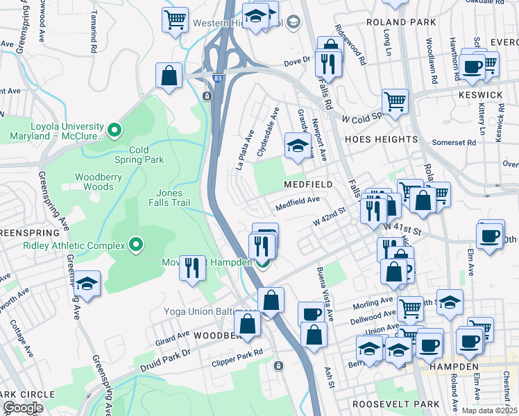 map of restaurants, bars, coffee shops, grocery stores, and more near 4204 La Plata Avenue in Baltimore