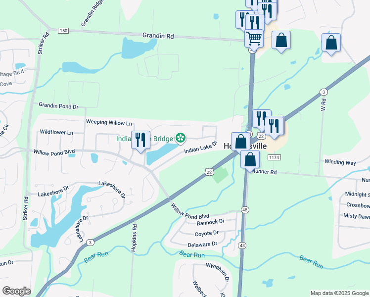 map of restaurants, bars, coffee shops, grocery stores, and more near 456 Indian Lake Drive in Maineville
