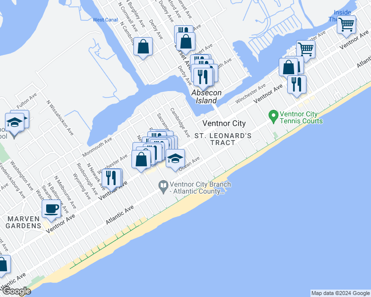 map of restaurants, bars, coffee shops, grocery stores, and more near 2 South Harvard Avenue in Ventnor City