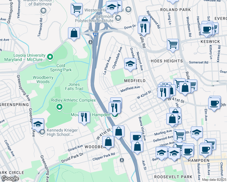 map of restaurants, bars, coffee shops, grocery stores, and more near 4208 La Plata Avenue in Baltimore