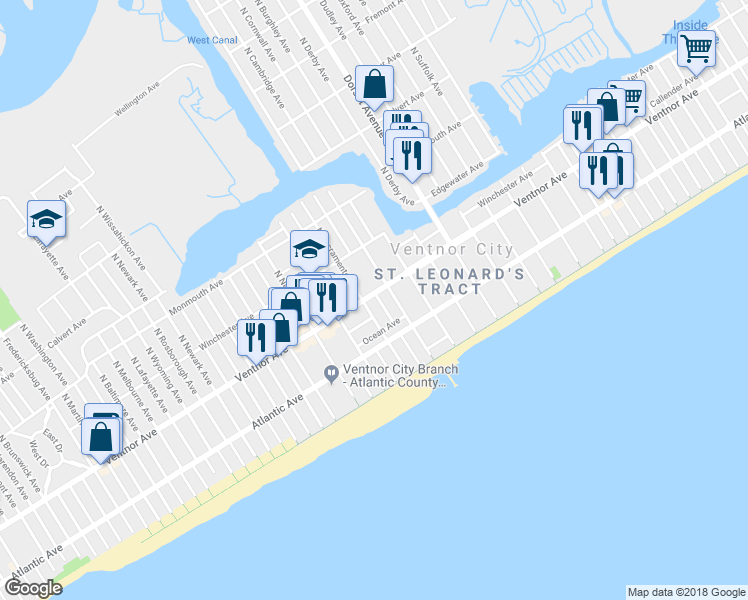 map of restaurants, bars, coffee shops, grocery stores, and more near 2 South Harvard Avenue in Ventnor City