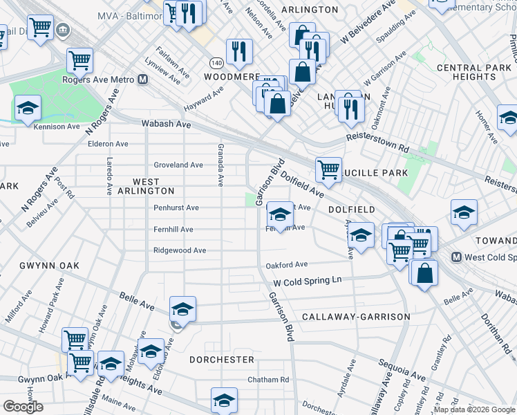 map of restaurants, bars, coffee shops, grocery stores, and more near Garrison Blvd & Penhurst Ave in Baltimore