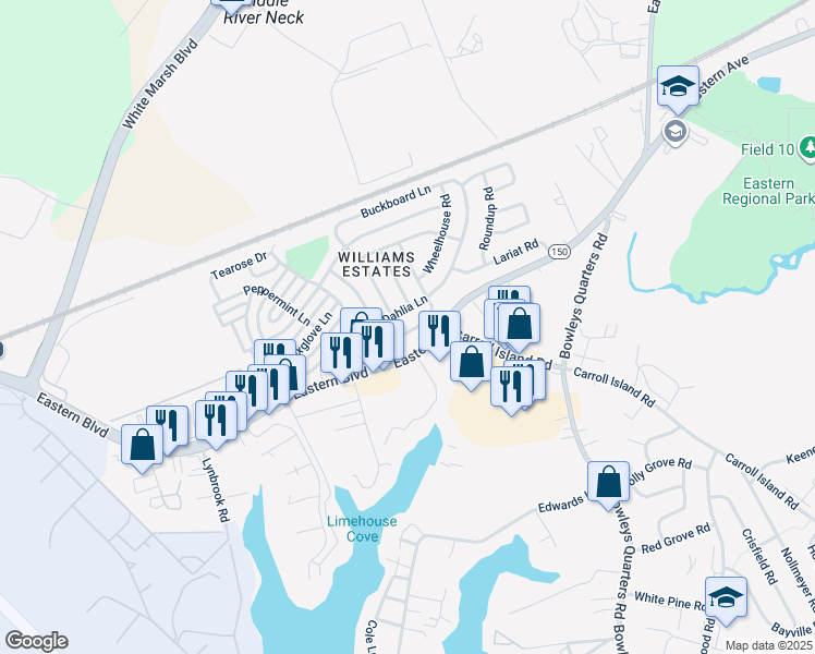 map of restaurants, bars, coffee shops, grocery stores, and more near 118 Day Coach Circle in Middle River