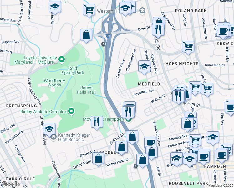 map of restaurants, bars, coffee shops, grocery stores, and more near 1615 Roland Heights Avenue in Baltimore