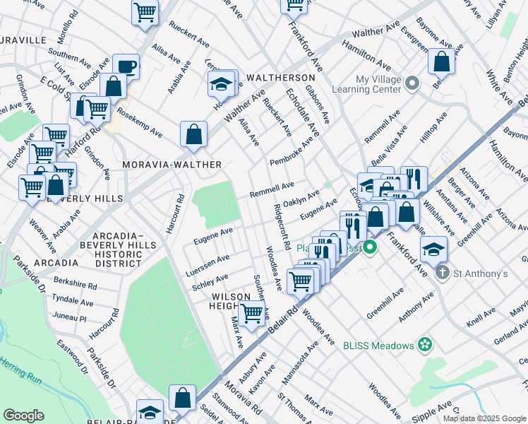 map of restaurants, bars, coffee shops, grocery stores, and more near 3812 Woodlea Avenue in Baltimore