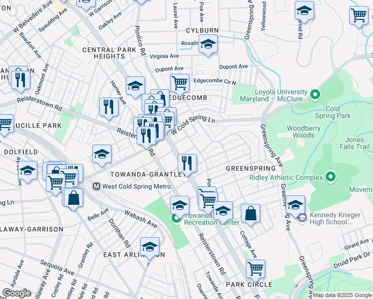 map of restaurants, bars, coffee shops, grocery stores, and more near 2614 Rosewood Avenue in Baltimore