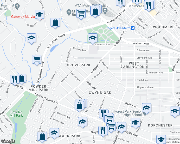 map of restaurants, bars, coffee shops, grocery stores, and more near 4014 North Rogers Avenue in Baltimore