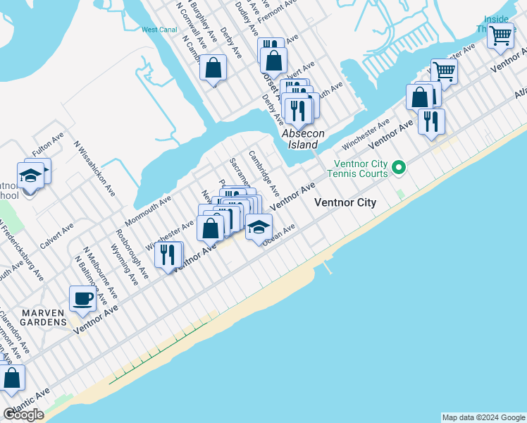 map of restaurants, bars, coffee shops, grocery stores, and more near 6303 Ventnor Avenue in Ventnor City