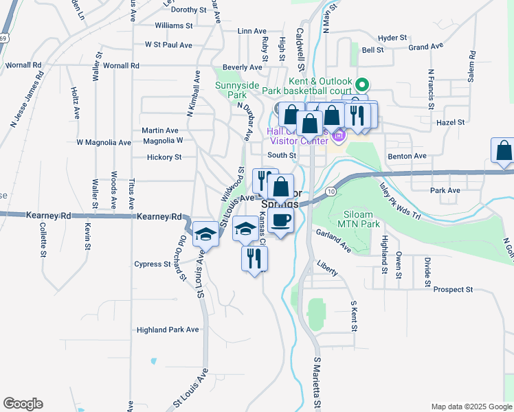 map of restaurants, bars, coffee shops, grocery stores, and more near 415 Saint Louis Avenue in Excelsior Springs