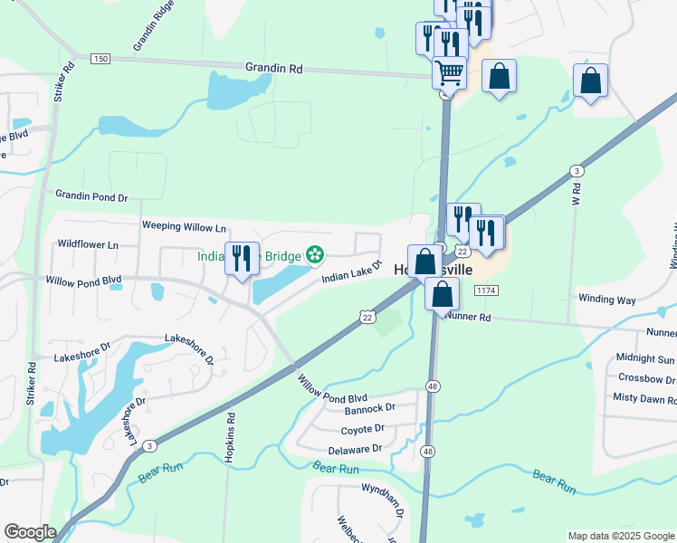 map of restaurants, bars, coffee shops, grocery stores, and more near 424 Indian Lake Drive in Maineville