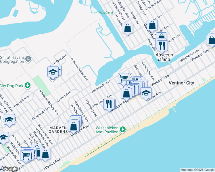 map of restaurants, bars, coffee shops, grocery stores, and more near 123 North Troy Avenue in Ventnor City