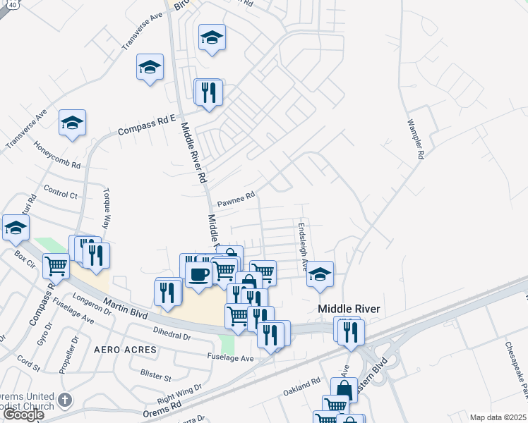 map of restaurants, bars, coffee shops, grocery stores, and more near 327 Ballard Avenue in Middle River