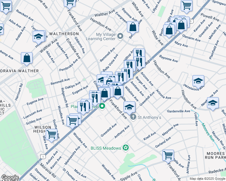 map of restaurants, bars, coffee shops, grocery stores, and more near 5416 Belair Road in Baltimore