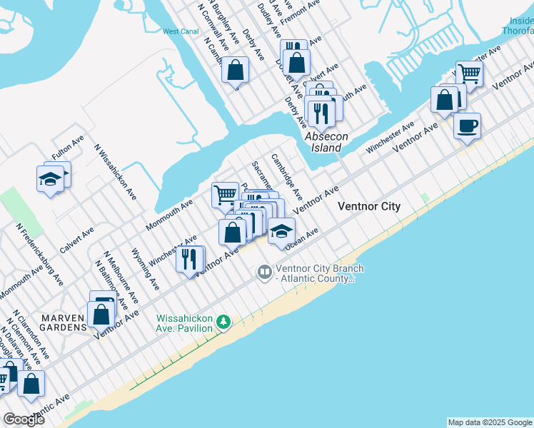 map of restaurants, bars, coffee shops, grocery stores, and more near 7 North Portland Avenue in Ventnor City