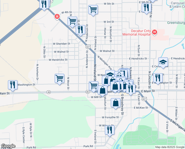 map of restaurants, bars, coffee shops, grocery stores, and more near 412 West North Street in Greensburg