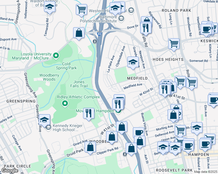 map of restaurants, bars, coffee shops, grocery stores, and more near 1609 Roland Heights Avenue in Baltimore