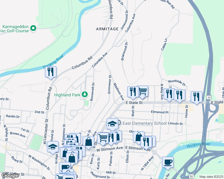 map of restaurants, bars, coffee shops, grocery stores, and more near 24 Spring Street in Athens