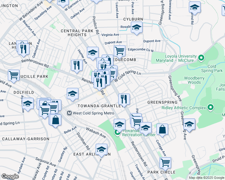 map of restaurants, bars, coffee shops, grocery stores, and more near 4354 Park Heights Avenue in Baltimore