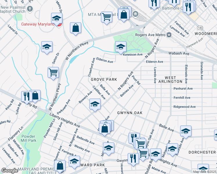 map of restaurants, bars, coffee shops, grocery stores, and more near 5507 Wilvan Avenue in Baltimore