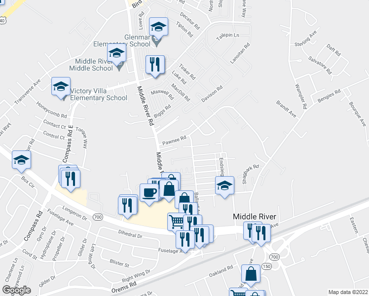 map of restaurants, bars, coffee shops, grocery stores, and more near 8 Ute Court in Middle River